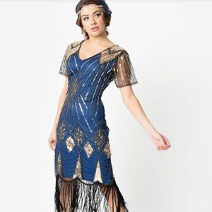 Unique Vintage Blue & Gold Flapper Dress Size Med